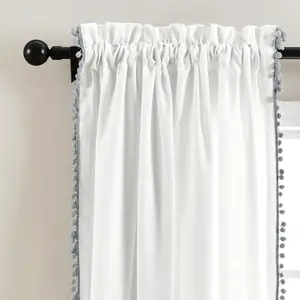 Lush Decor Pom Pom Window Curtain Panel White Button Detail Two Panel Design Single 50"W x 63"/84''/95''/108''L+2" Header Ideal for Home Decor Interior Decoration Accessories