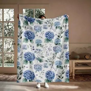 Cozy Blue Hydrangea Floral Flannel Throw Blanket - Soft Warm Lightweight for Bed Sofa Camping - All-Season Comfort Single-Sided Print Easy Care Perfect Gift for Mother's Day Ramadan -  Flannel Fabric Decorative Throw