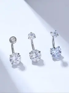 3 Piece Stainless Steel Zircon Heart Belly Button Rings Set, Stylish Simple Design for Women, Outdoor Swimming Accessories, Sparkling Zircon Inlay