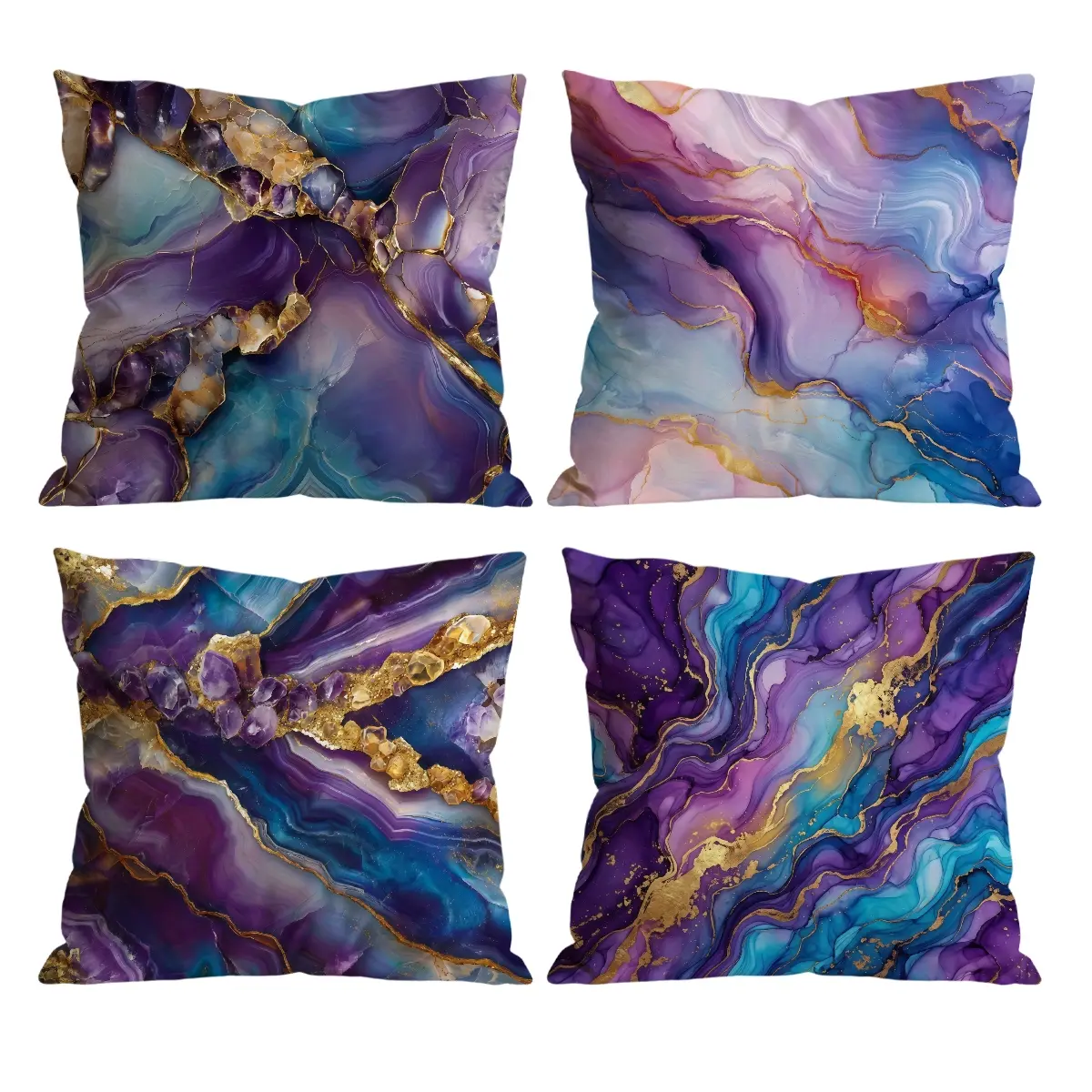 Purple Blue Amethyst Marble Throw Pillow Covers Set of 4, Luxury Gold Alcohol Ink Cushion Cases for Living Room, Bedroom, Sofa, Couch Home Decor 0526YE