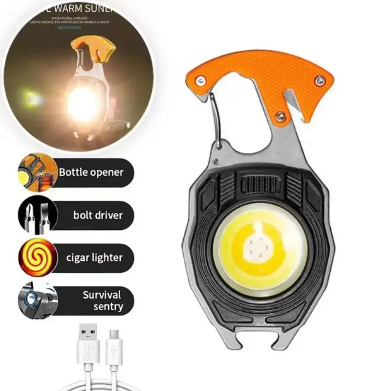 LED Small Flashlight Multitool Keychain, Rechargeable COB LED Work Light Rechargeable, Multi Tool Flashlight with Lighter, Magnet, Bottle Opener & Whistle, Survival Gadgets for Camping, Hiking & Emergency Use