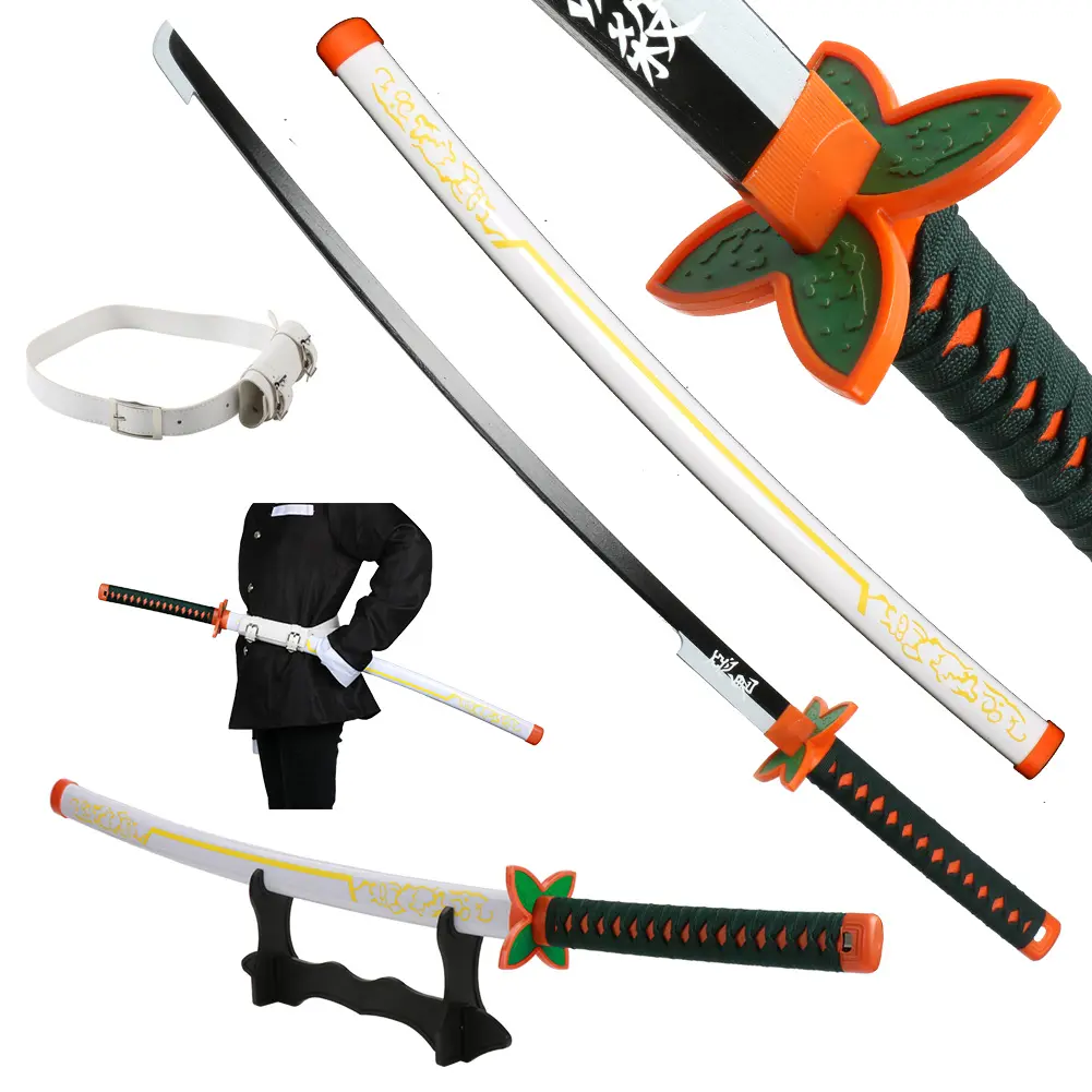 Kochou Shinobu Cosplay Katana, 41-Inch Bamboo Wooden Sword Replica with Safe Dull Blade, Prop for Halloween, Includes Belt & Display Stand, Christmas Gift, Safety, New Year, 41 In