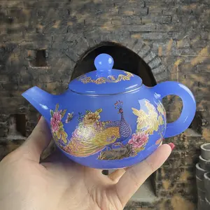 Handmade Blue Jade Glass Cloisonn é Enamel Peacock Teapot