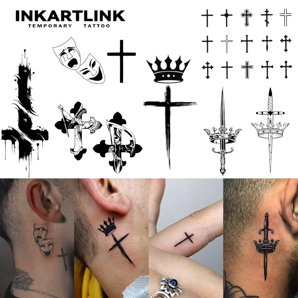 INKARTLINK Cross Series 2 Temporary Tattoo, Cross with Wings Design, Realistic Tattoo Art with Gardenia Blue Ink for Adults, Fake Tattoos, Waterproof
