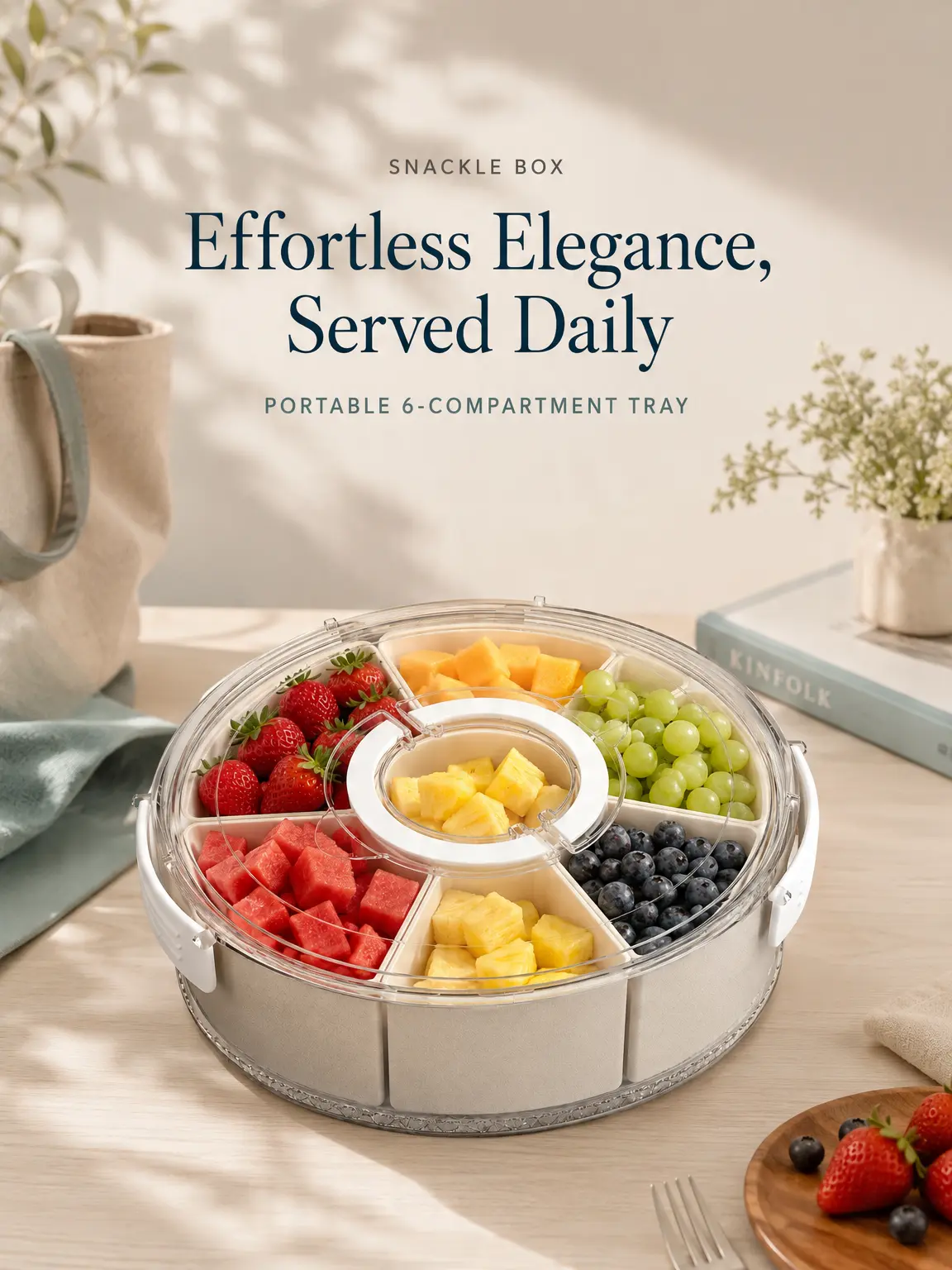 【Summer Deals】Rotatable Base 6-Compartment Snack Tray - BPA-Free Food Safe Plastic Airtight Lids Canisters, Portable Sturdy Leak-Proof Durable, With Handle, 12in Diameter 3in Height 4.4in Wide, For Fridge Organization Watch Party Kitchen Food Storage, Gam