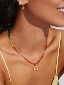 Colorful Beaded Necklace, Colorblock Beaded Necklace, Personalized Initial Necklace, Fashionable Letter Charm Pendant Necklace for Women & Girls, Trendy All-match & Exquisite Jewelry for Birthday Gift, Dainty Initial Necklaces