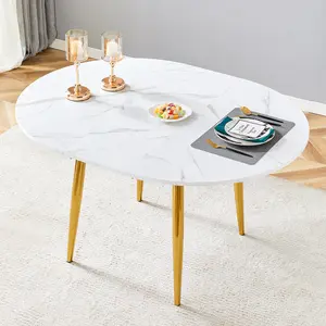 Extendable Dining Table – Round to Oval Pull Out Table for Small Spaces, Space Saving Drop Leaf Table for Kitchen Living Room, MDF Folding Dining Table with Gold Metal Legs, Expandable Table for 4-6