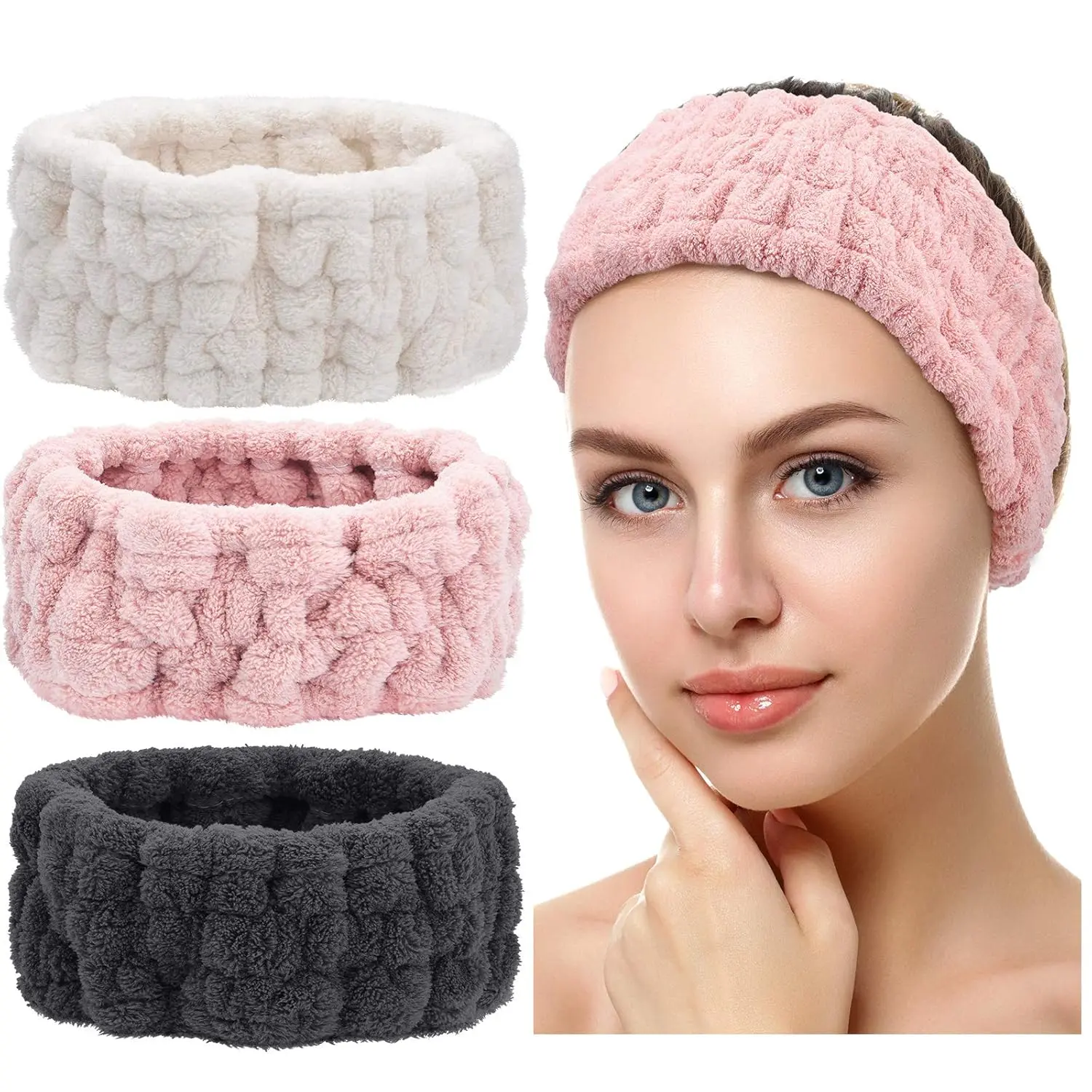 3 count  Headband for Women Facial Makeup Headband Soft Terry Cloth Hairband for Washing  Mask  Shower Gifts(, Milky-White, Dark Grey)