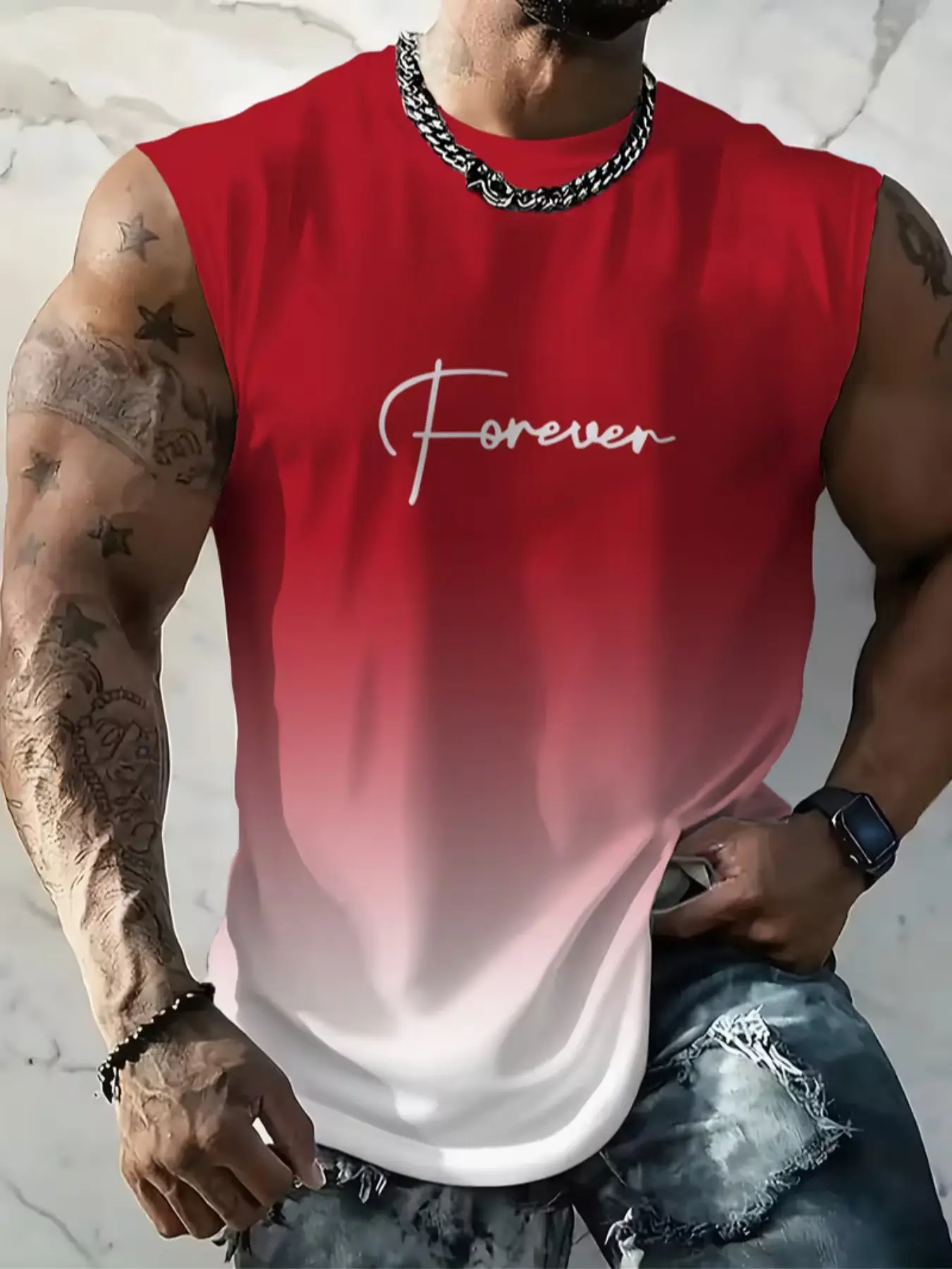 Men's Summer Sleeveless T-Shirt, Streetwear, Gradient Color, Geometric Pattern, Fitted Casual Style, Sweat-Wicking Basic Top