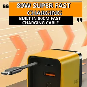 [valentinesdaygift] AKLLCCR Retractable 80W MAX Fast Charger, 3 in 1 GaN portable Charger, with Type-C Cable & 2 USB Ports, Adapter iPhone Smartphone Electronic, Yellow, Cellphone, Folding Charging