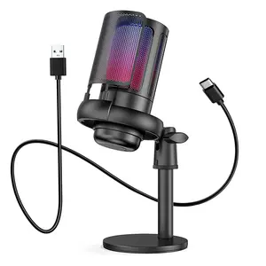 USB Condenser Microphone, RGB Lighting Microphone with Stand, Professional Microphone for Recording, Live Streaming, Gaming, Karaoke Singing, Audio, Tripod Mic