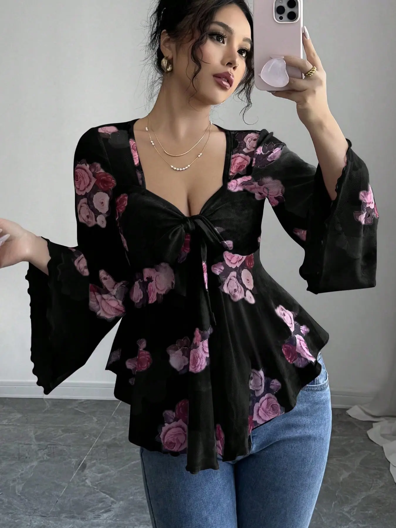 Women's Floral Print Mesh Peplum Top, Long Flare Sleeve V-Neck Blouse with Bow Tie, Elegant Feminine Chic Casual Shirt
