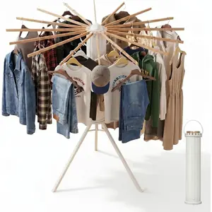 Clothes Drying Rack Foldable, Laundry Drying Rack for Clothes with 16 Wooden Rods & 48 Windproof Slots, Collapsible Tripod Dry Rack for Apartment, RV, Balcony