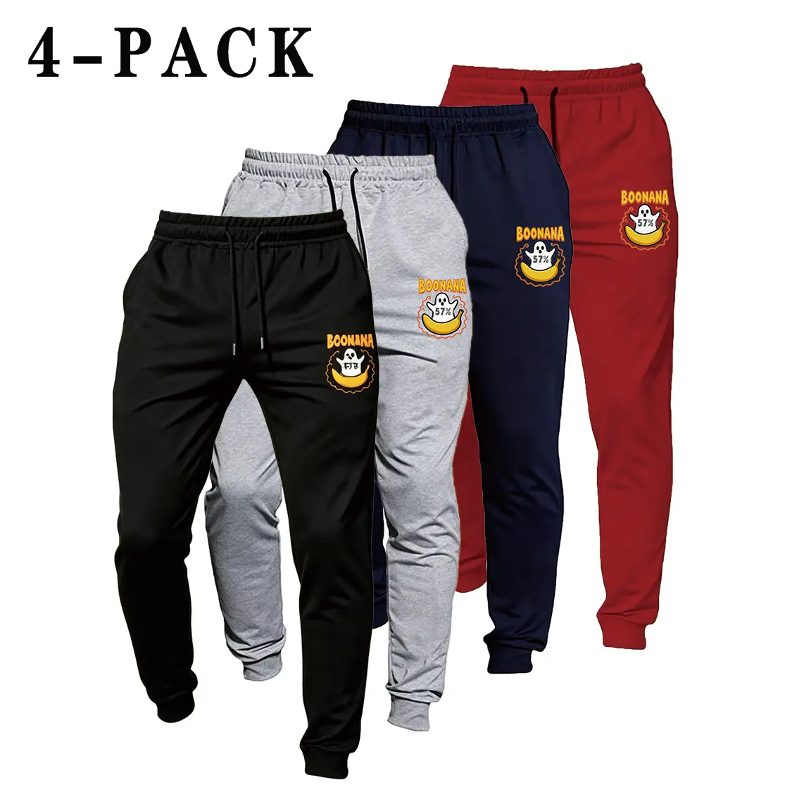 Men's 4-Pack Sporty Chic Slim-Fitting Casual Athletic Performance Active Jogging Sweatpants, Tapered Legs, Soft Stretch Fabric, Drawstring Elastic Waistband, Boonana Banana Ghost Print, Ideal for Basketball, Fitness Training, Athletic Performance Men's Pa
