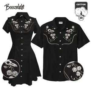 [Embroidery] Boozelele Vintage Embroidery Flower and Raven Skull 100% Cotton Black Shirt and Dress,Valentine's day Outfit,Western Gothic Style,Vacation Outfits, Shortsleeve