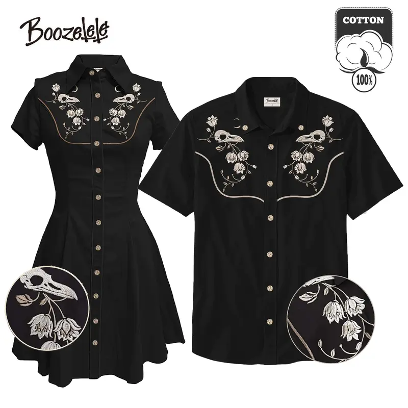 [Embroidery] Boozelele Vintage Embroidery Flower and Raven Skull 100% Cotton Black Shirt and Dress,Valentine's day Outfit,Western Gothic Style,Vacation Outfits, Shortsleeve