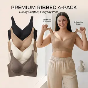 Value 4-Pack Seamless Ribbed Jelly Support Push Up Bras , Full Coverage Soft Wireless Comfort Bralette Set, Lift & Inward Shaping, Plus Size Friendly S to 4XL, All-Day Wear Everyday Active Underwear Pack