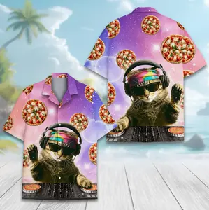 Funny DJ Cat Pizza Hawaiian Shirt for Men Women Youth, Galaxy Music Kitty Aloha Shirt, Summer Party Button Down Shirt
