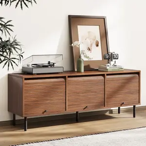 ONBRILL Flux Roll Top TV Stand for TVs up to 70", Entertainment Center with Storage, Mid-Century Modern TV Console, Adjustable Shelf & Sliding Doors