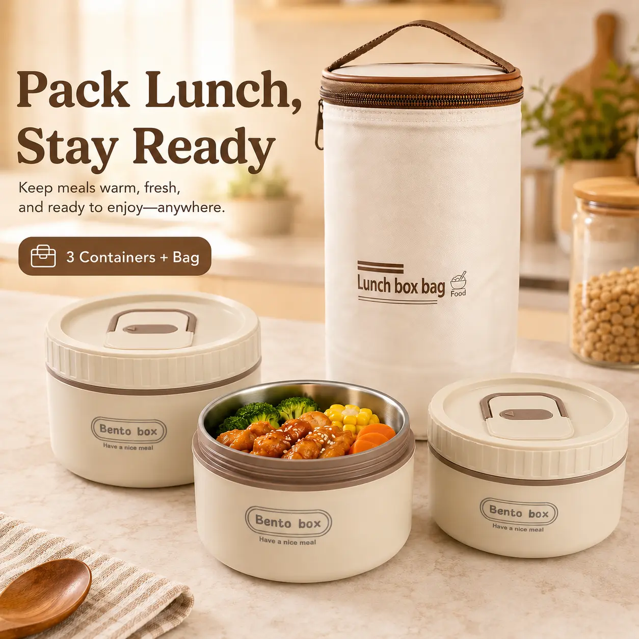 Adults' Portable Bento Lunch Box Tableware Set, 3-Piece Round Food Container Kit with 1 Large & 2 Equal Small Containers, Removable SUS304 Stainless Steel Inner Bowls, Insulated Bag for Work, Picnic, Daily Use, Lunch At Work, Bento Box Lunch Ideas