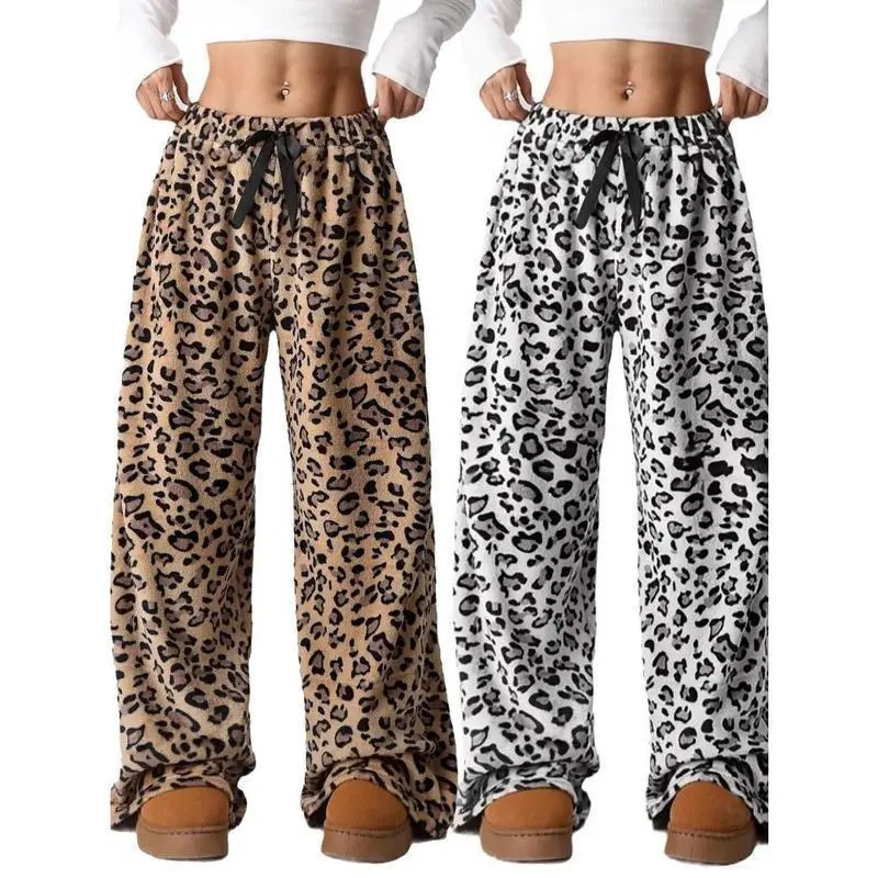 Women's Soft Fuzzy Plush Pajama Pants - Adjustable Drawstring Elastic Waist, Loose Wide-Leg Teddy Pj Bottoms - Sports & Outdoor Joggers, Loungewear, Pajamas, Casual, Lady