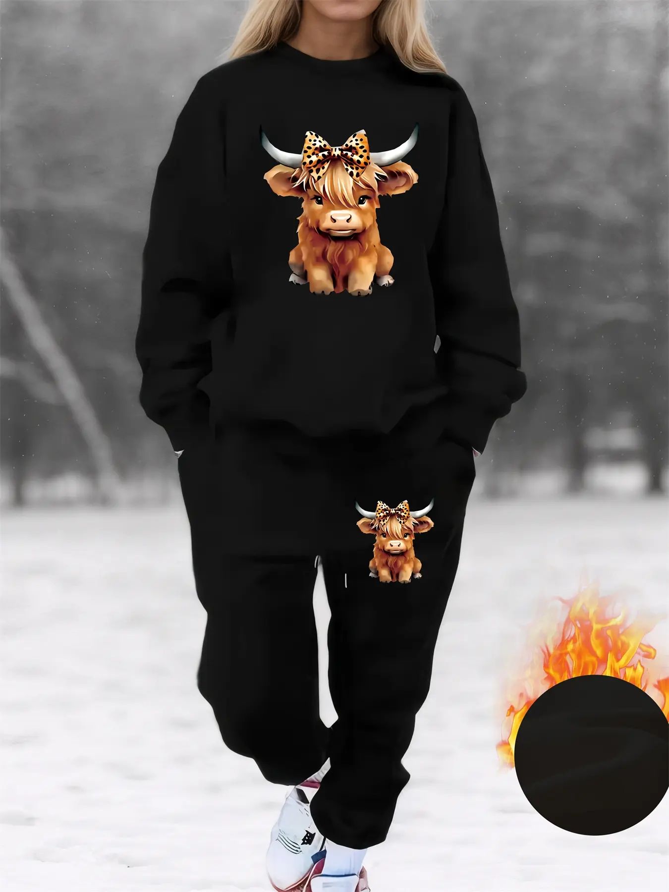 Women's Fall Winter Fleece Fitted Casual Sweatshirt Set, Cute Animal Highland Cow Print, Fashion Streetwear Long Sleeve Round Neck, Drawstring Pants Two-Piece Outfit Pullover Pants Set