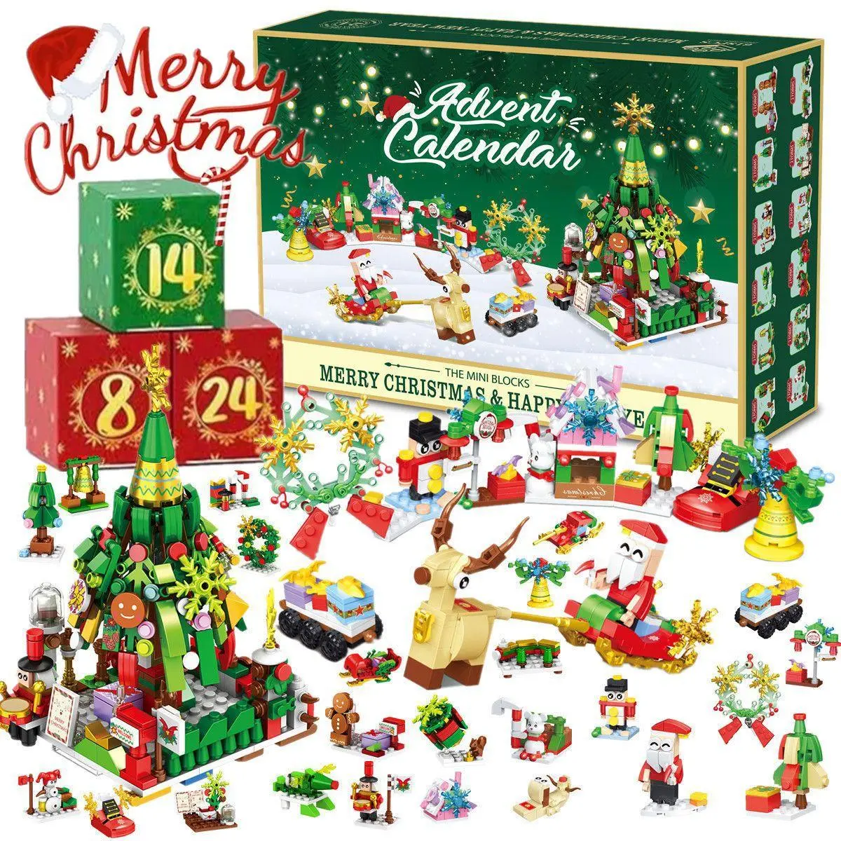 2025 Unisex Advent Calendar Gingerbread House Mini Plastic Building Set with LED Lights, 24 Days Christmas Countdown Kit for Countdown Fun, Holiday Decoration Gift for Ages 10+ (Santa Figures, Xmas Tree, Train Combo), Construction