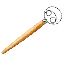 Stainless Steel Danish Whisk with Wooden Handle - Ergonomic Kitchen Bakeware Utensil for Dough Mixing, Egg Beating - Ideal for Home Bakers, Wooden Handle + Stainless Steel