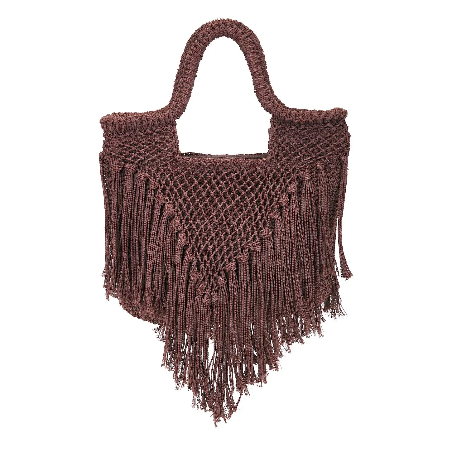 Women's Dolce Vita Birch Casual Crochet Handbag - Chocolate Cotton Weave, Fringe Trim, 6" Drop Handle, 2 Slip Pockets, Interior Zips