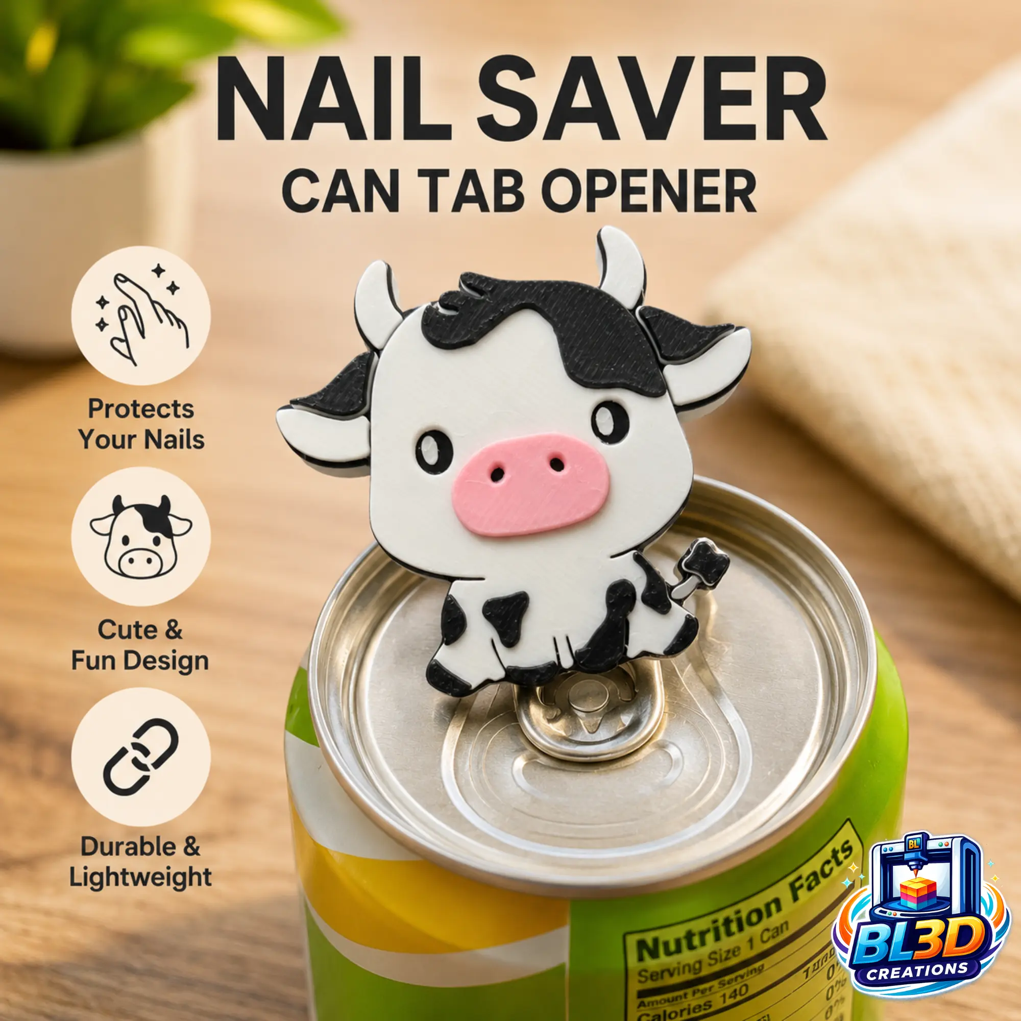 Cow Can Tab Opener Keychain – 3D Printed Nail Saver Soda Can Opener – Drink Tab Helper Accessory – Handmade Keychain Gift