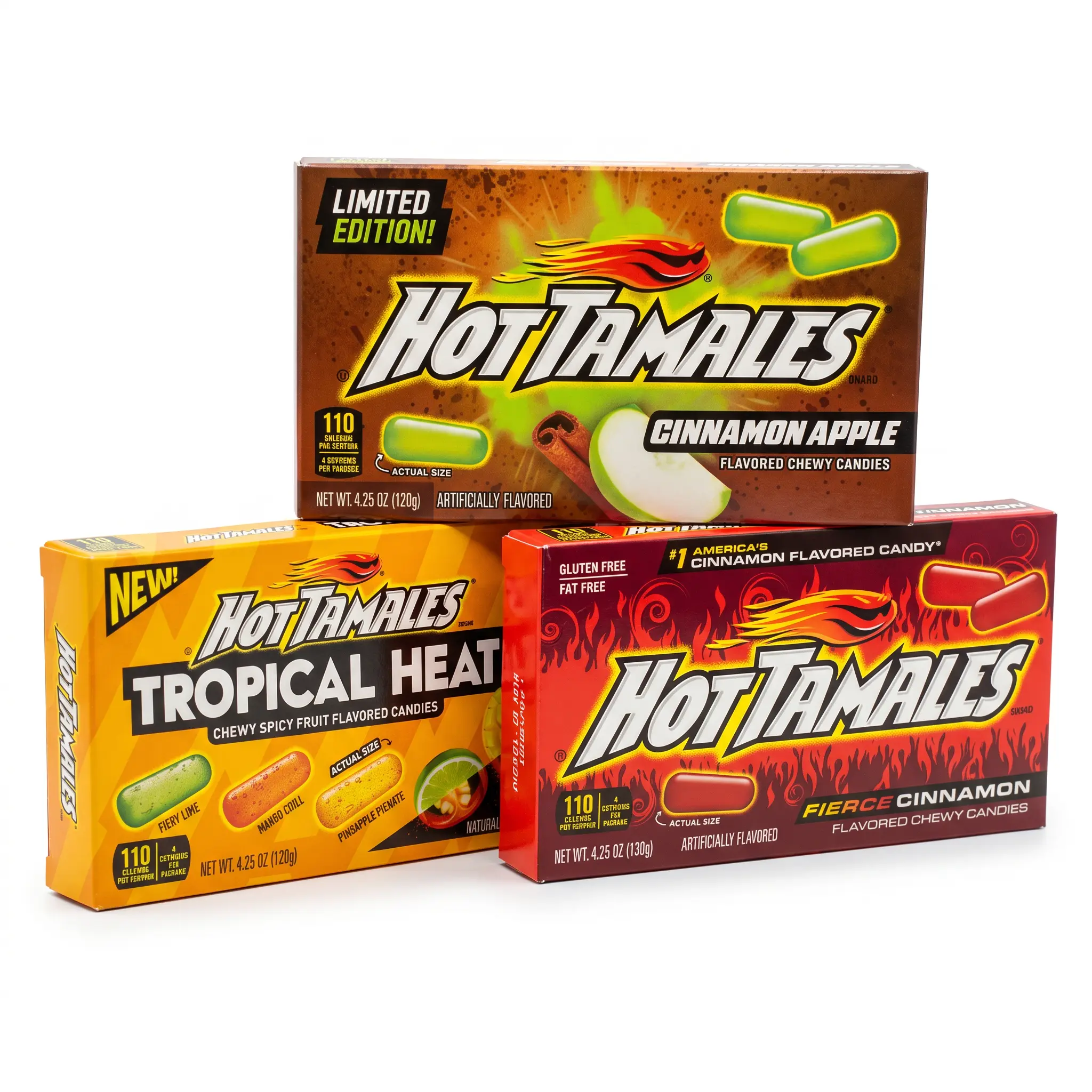 Limited Edition Hot Tamales Chewy Candy, 3 Pack Theater Boxes, Choose Cinnamon Apple, Tropical Heat, Fierce Cinnamon or Sampler