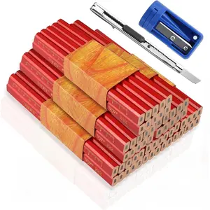 60Pcs Carpenter's Pencils, Red Octagonal Pencil, Construction Site, 175 mm Thick Core Construction Pencil, Carpenter's Pencil with Pencil Sharpener, Art Knife for Carpentry Drawings - Home Improvement.