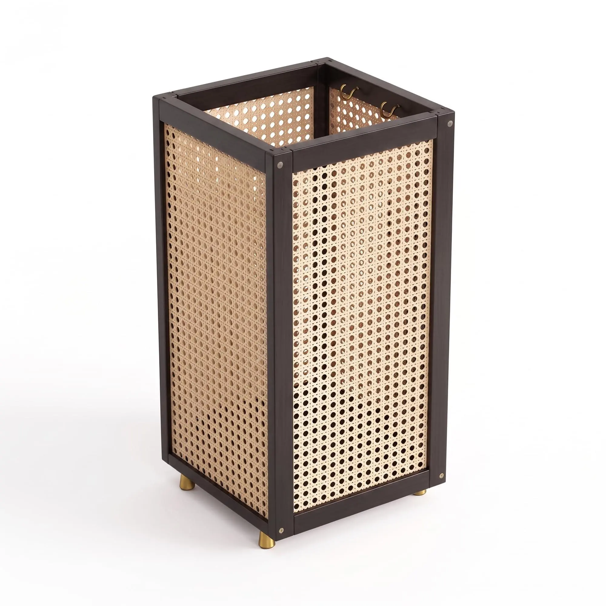 1Pc Rattan Style Umbrella Stand for Entryway, 20"×9.4"×9.4" Wooden Umbrella Holder with Removable Drain Tray, Breathable Woven Side Umbrella Rack with Metal Hooks & Raised Feet, Black