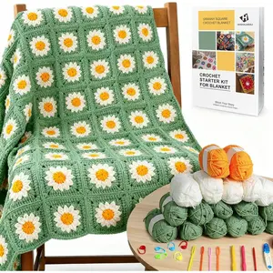 Crochet Blanket Kit for Beginners, Easy Granny Square Crochet Kit for Adults,with Step-by-Step Instructions and Clear Videos, Includes Multiple Accessories, Gift for Craft Lovers