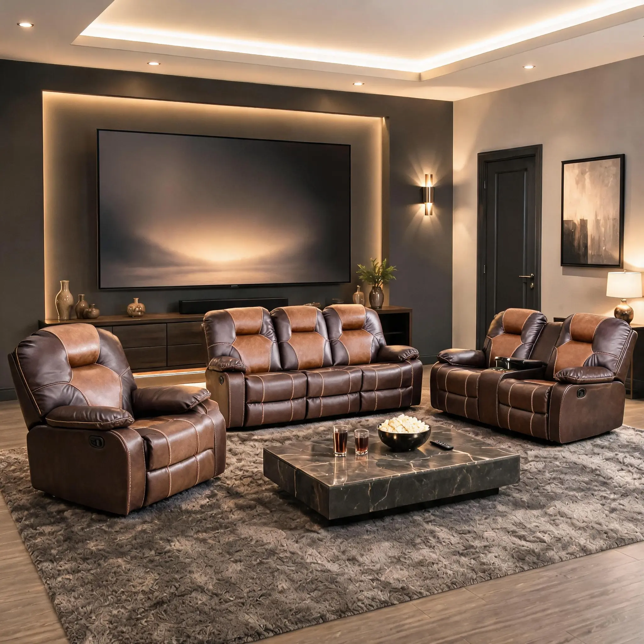 ainehome Modern Genuine Leather Recliner 3-Piece Living Room Furniture Set - Couch, Living Room Couches, Loveseat, Cup-Holder, Reversible Coffee Table, Breathable Davenport