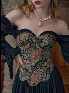 Flower & Mirror Corset - Elegant French Court-Style Jacquard Pattern Satin Corset with Fishbone Support for Autumn Fashion