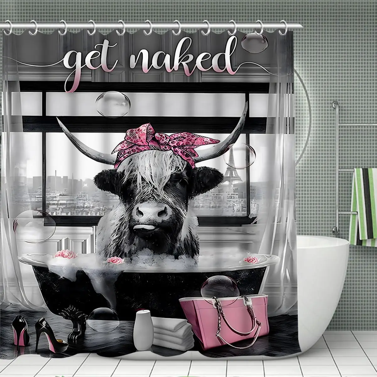 Cow Pattern Bathroom Decoration, 1/4 Counts Creative Cow in Bathtub Pattern Shower Curtain & Toilet Mat, Bathroom Curtain with 12pcs Hook, Summer Home