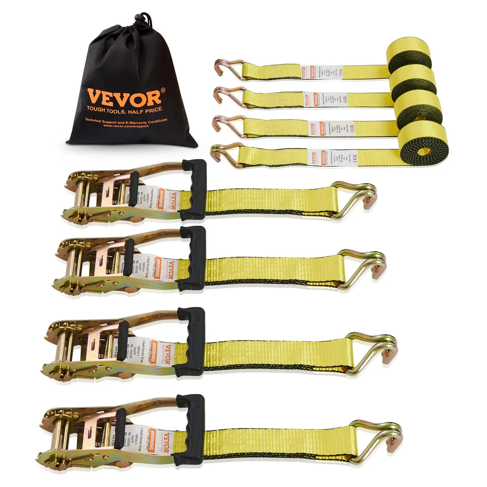 【summerfinds】VEVOR Heavy-Duty High-Tenacity D-Ring Ratcheting Straps (4PK), 2"x15' 5000 lb Break Strength, Adjustable Ropes, Padded Handles, Double J Hooks, for Securing Lawn Equipment, Canoes (Father's Day Gift)