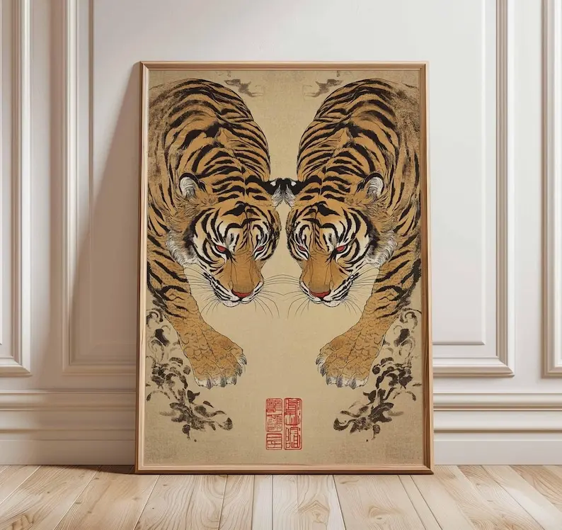 [UNFRAMED POSTER] Japanese Tiger Poster, Vintage Asian Wall Art Print, Traditional Oriental Painting Style Decor, Twin Tigers Artwork for Home or Office