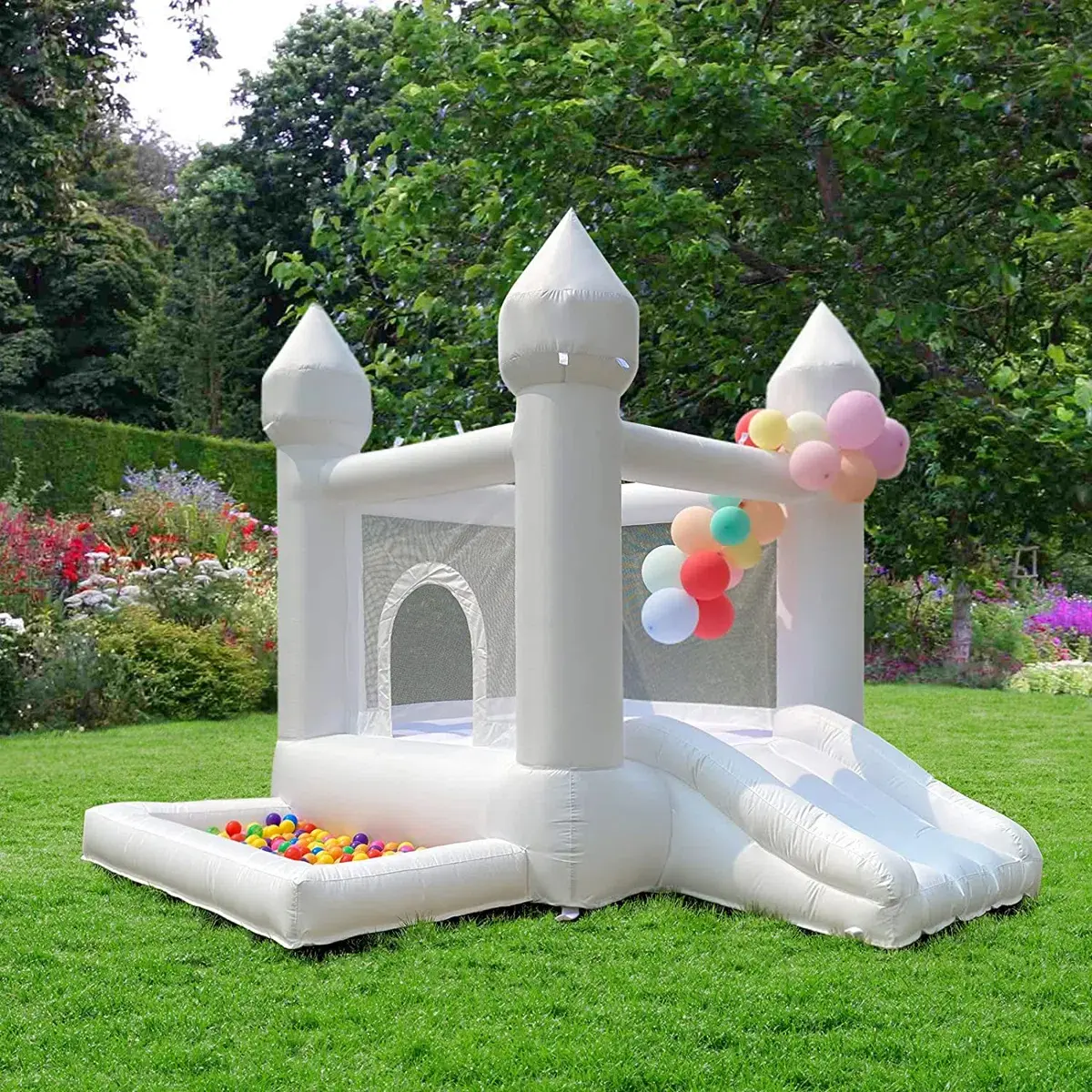 Oxford 9FT White Bounce House With Slide And Air Blower Kids Children Bouncy Castle Inflatable Birthday Party Decoration