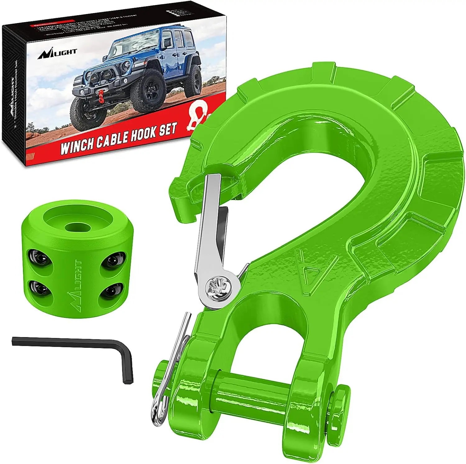 Nilight Forged Steel Winch Strap Hook Set - 3/8" Grade 70 Spring Loaded Safety Latch Lock, Stopper, Clevis Slip Trailer Hooks, 35000 lbs Max Tow Recovery Tool with Allen Wrench for Marine Rope, Trailer Hook Hooks