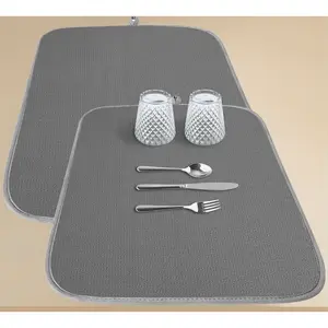 Dish Drying Mat - 2-Pack Washable Microfiber Drying Mat for Kitchen Counter, 3-Layer Ultra Absorbent Pad with a Hanging Hook, 20" x 14", Dark Grey