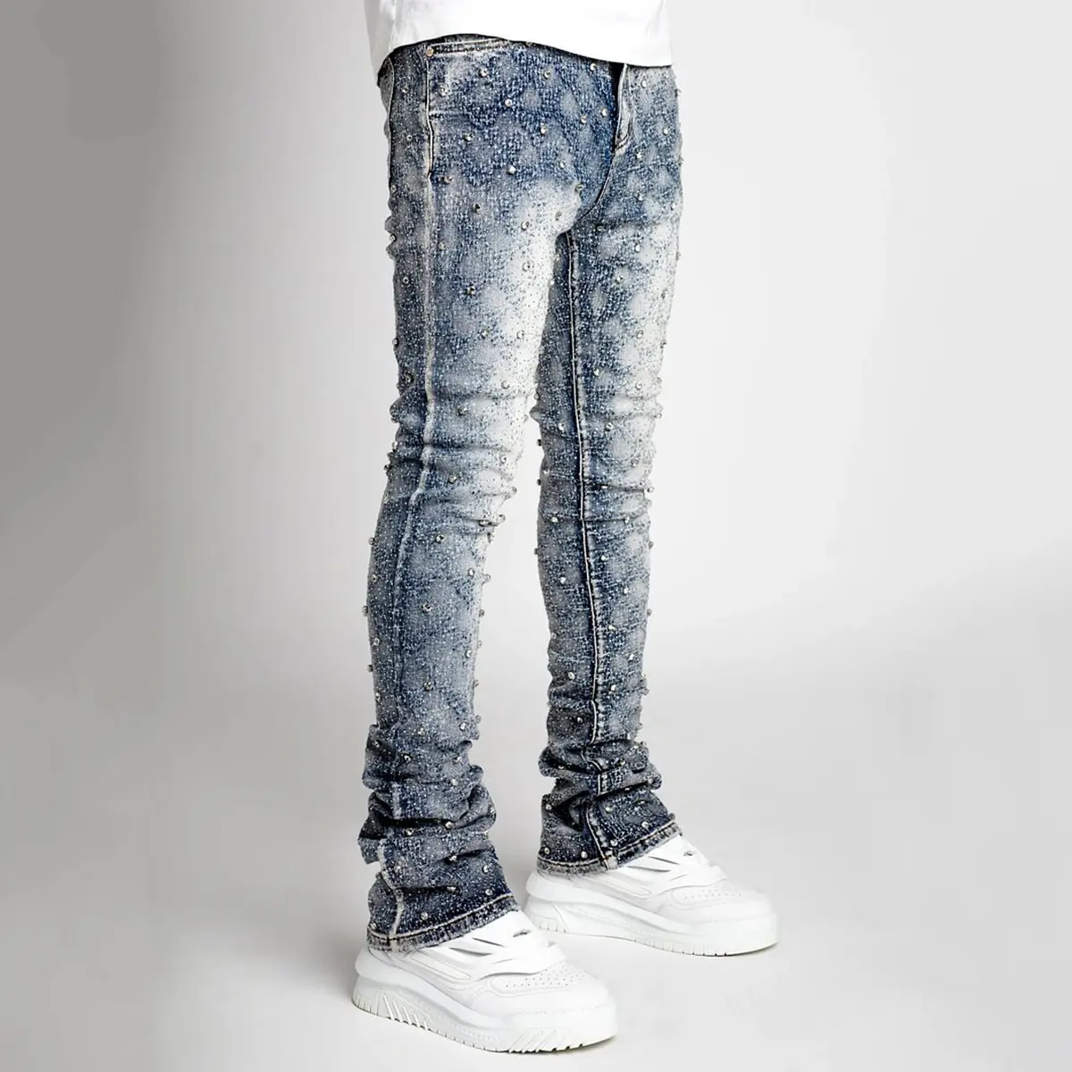 Men's Skinny Fit Jeans, Acid Wash Stretchy Denim with Rhinestone Embellishments for an Early 2000s Aesthetic, Hip Hop Menswear, All Season, Rhinestones, Beads And Embellishments Men's Jeans, Colored Skinny Jeans, All Seasons