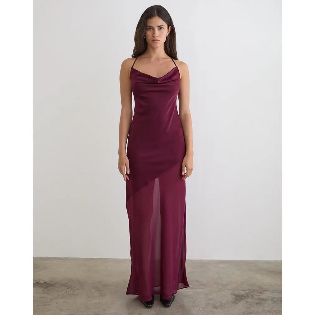 Eshara Maxi Dress in Chiffon Satin Burgundy