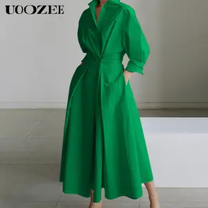 UOOZEE Women's Loose Solid Color Collar Medium Long Dress, cinched waist for slimming, comfortable and elegant, suitable for women's daily wear