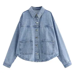Women’s Oversized Long-Sleeve Denim Jacket — Fashionable Trendy Button-Front Denim Shirt Jacket with Pockets