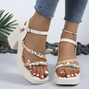 Ankle-Strap Buckle Open Toe Pu Chunky Heel Sandals Wedge Square/round Head Woven Floral Women Girl platform sandals summer sandals wide feet sandals