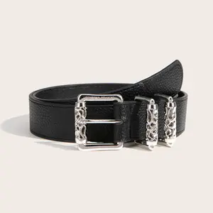 Edgy Y2K Gothic Cross Embossed White Leather Belt, Silver Hardware Punk Streetwear Waist Belt, Adjustable Unisex Pebbled Pattern Roller Belt with Detailed Buckles, Trendy Youth Style Statement Fashion Accessory for Jeans & Street Outfits cowboy