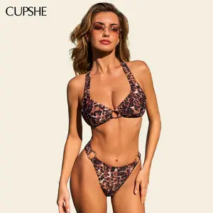 CUPSHE Nine Lives Diamond Neckline Crossback Straps O-ring Low-rise Animal Print Bikini Set Swimsuit