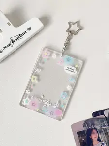 Girl Colorful Graffiti Heart Glitter Card Case, Id Card Holder, Kpop Transparent Photo ID Badge Stand, Cartoon Wings Phone Charm Keychain Decoration, Acrylic Id Holder